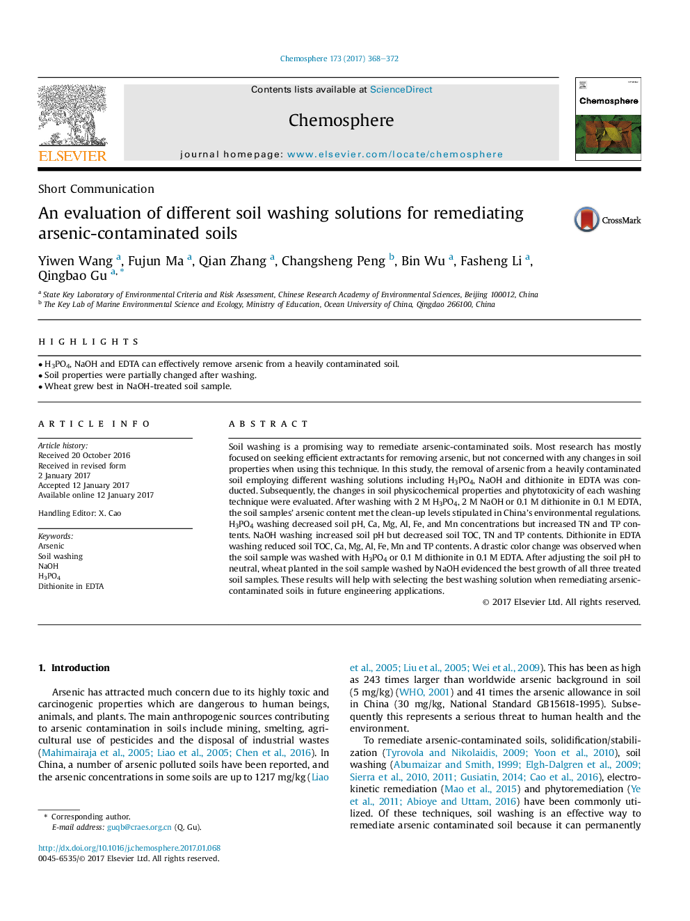 Short CommunicationAn evaluation of different soil washing solutions for remediating arsenic-contaminated soils