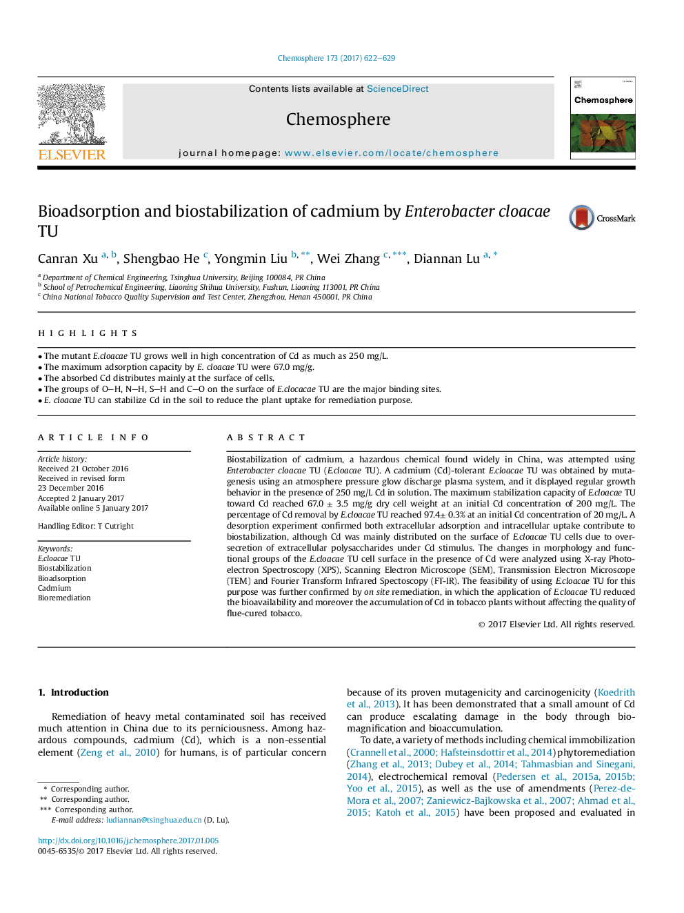 Bioadsorption and biostabilization of cadmium by Enterobacter cloacae TU