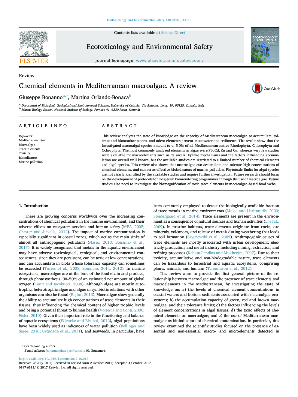 ReviewChemical elements in Mediterranean macroalgae. A review