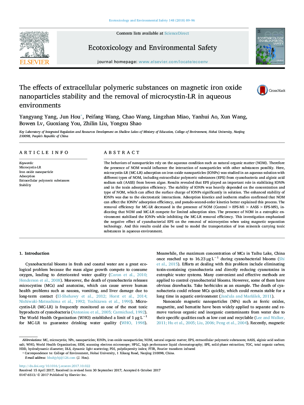 The effects of extracellular polymeric substances on magnetic iron oxide nanoparticles stability and the removal of microcystin-LR in aqueous environments