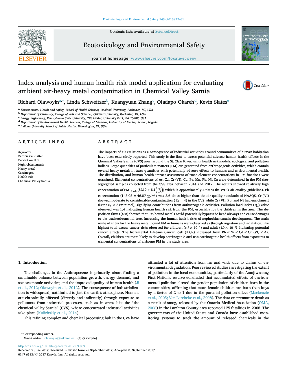 Index analysis and human health risk model application for evaluating ambient air-heavy metal contamination in Chemical Valley Sarnia