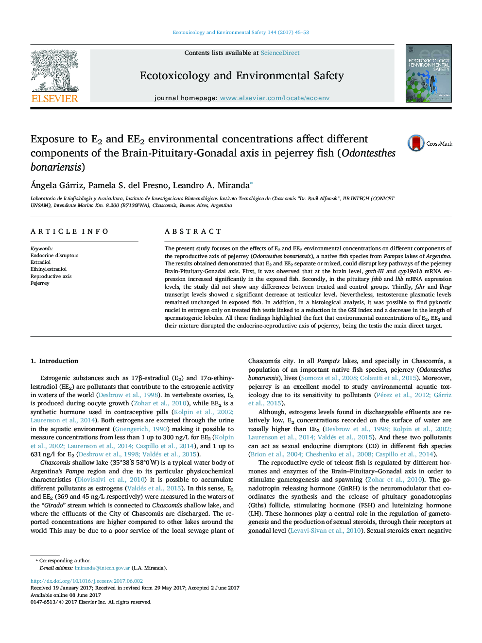 Exposure to E2 and EE2 environmental concentrations affect different components of the Brain-Pituitary-Gonadal axis in pejerrey fish (Odontesthes bonariensis)