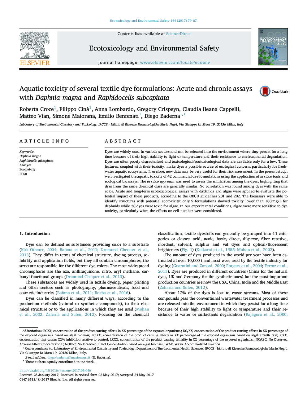 Aquatic toxicity of several textile dye formulations: Acute and chronic assays with Daphnia magna and Raphidocelis subcapitata