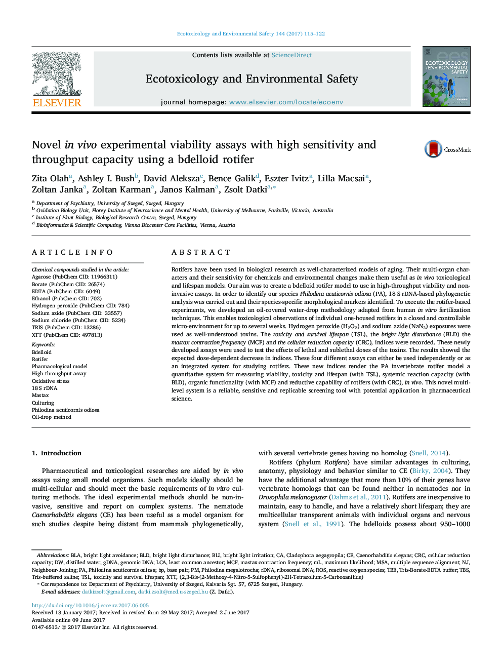 Novel in vivo experimental viability assays with high sensitivity and throughput capacity using a bdelloid rotifer
