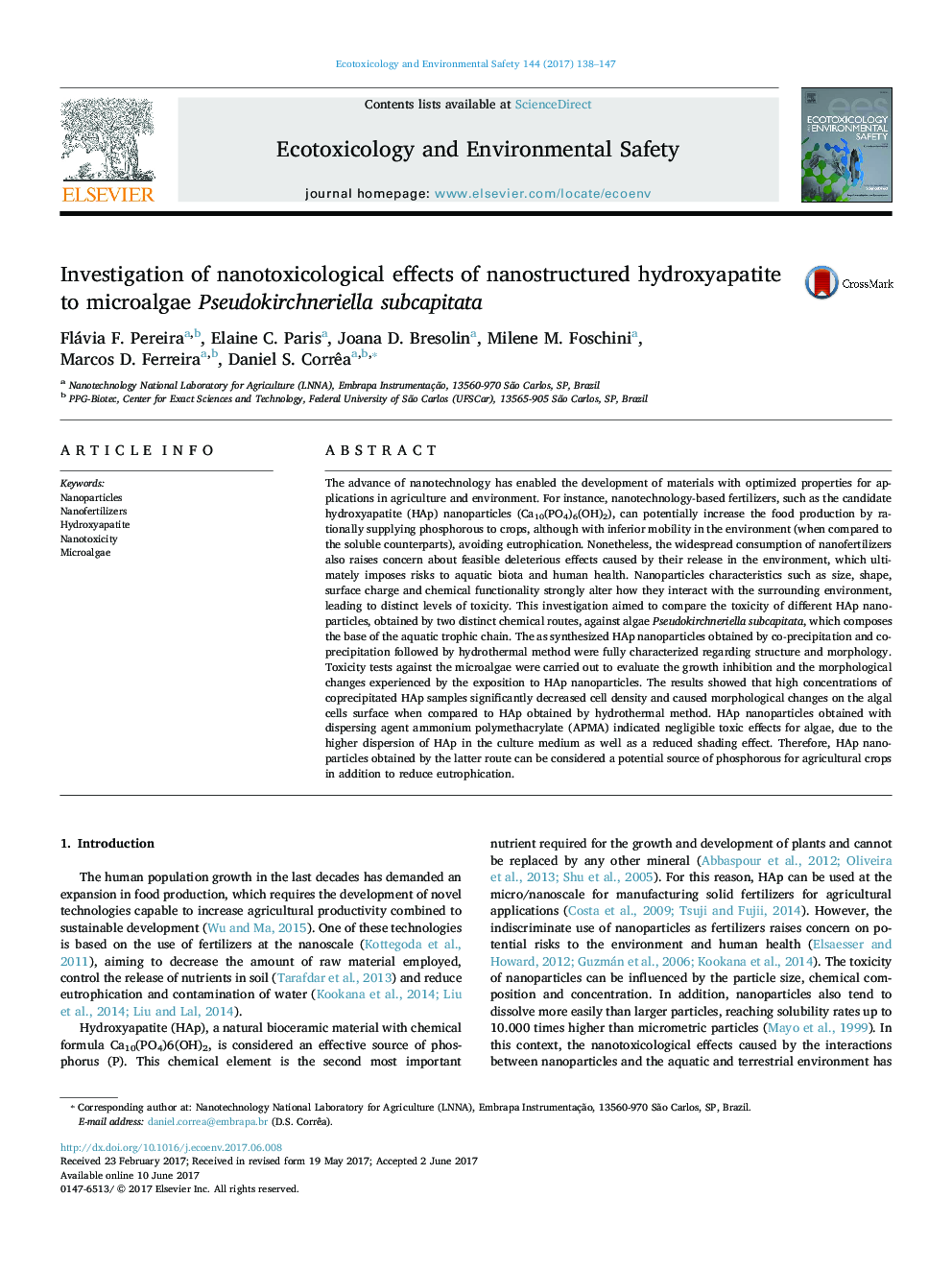 Investigation of nanotoxicological effects of nanostructured hydroxyapatite to microalgae Pseudokirchneriella subcapitata