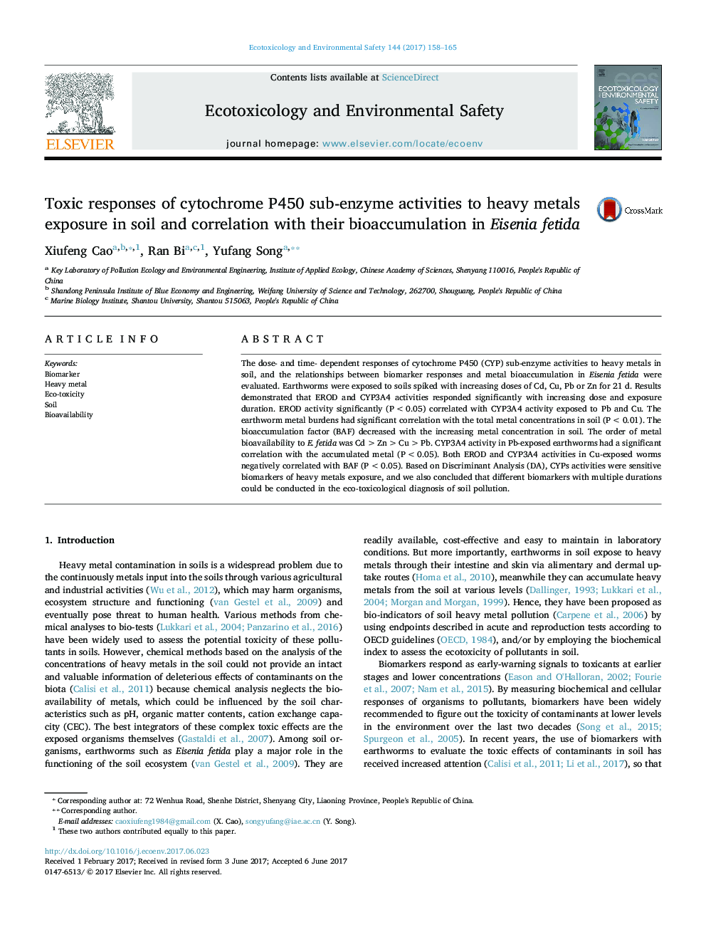 Toxic responses of cytochrome P450 sub-enzyme activities to heavy metals exposure in soil and correlation with their bioaccumulation in Eisenia fetida