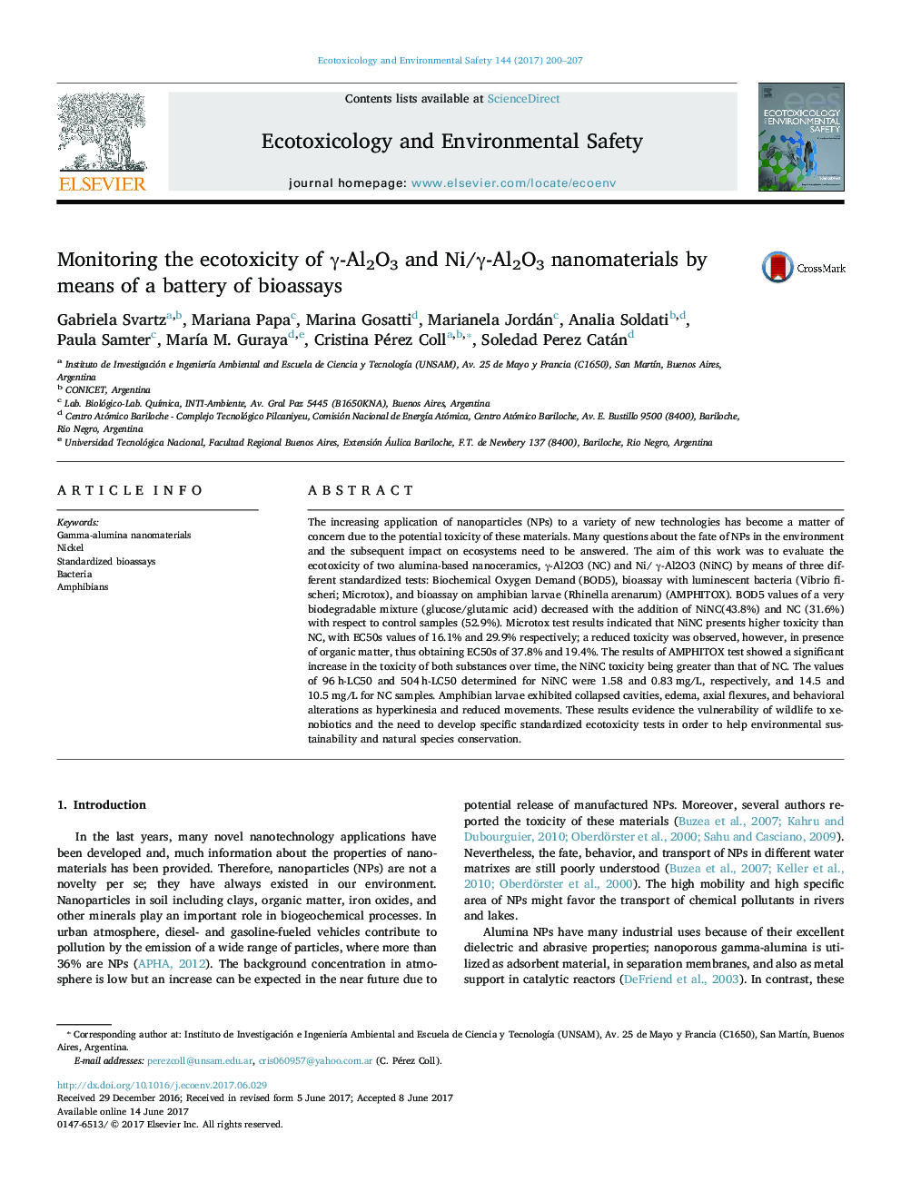 Monitoring the ecotoxicity of Î³-Al2O3 and Ni/Î³-Al2O3 nanomaterials by means of a battery of bioassays