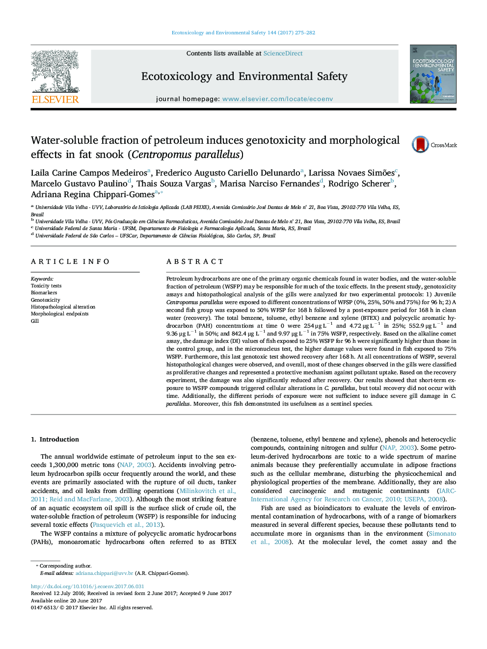 Water-soluble fraction of petroleum induces genotoxicity and morphological effects in fat snook (Centropomus parallelus)