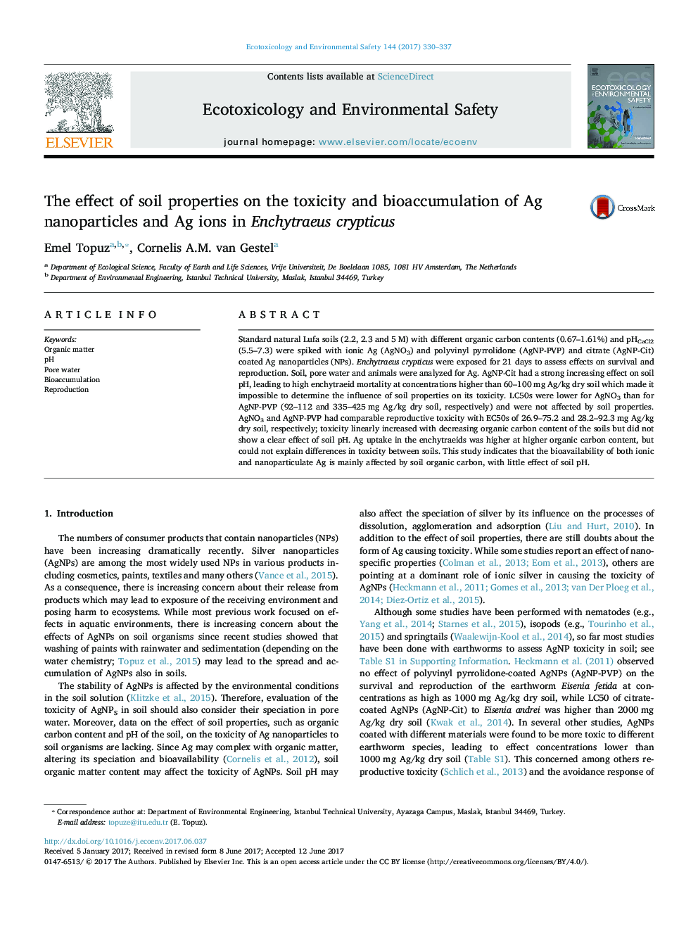 The effect of soil properties on the toxicity and bioaccumulation of Ag nanoparticles and Ag ions in Enchytraeus crypticus