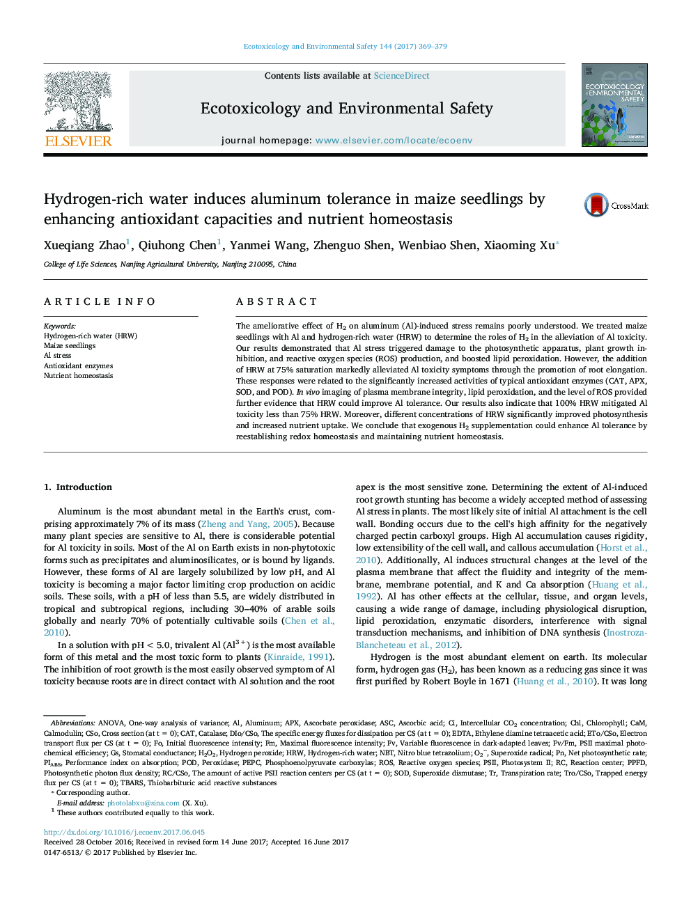 Hydrogen-rich water induces aluminum tolerance in maize seedlings by enhancing antioxidant capacities and nutrient homeostasis