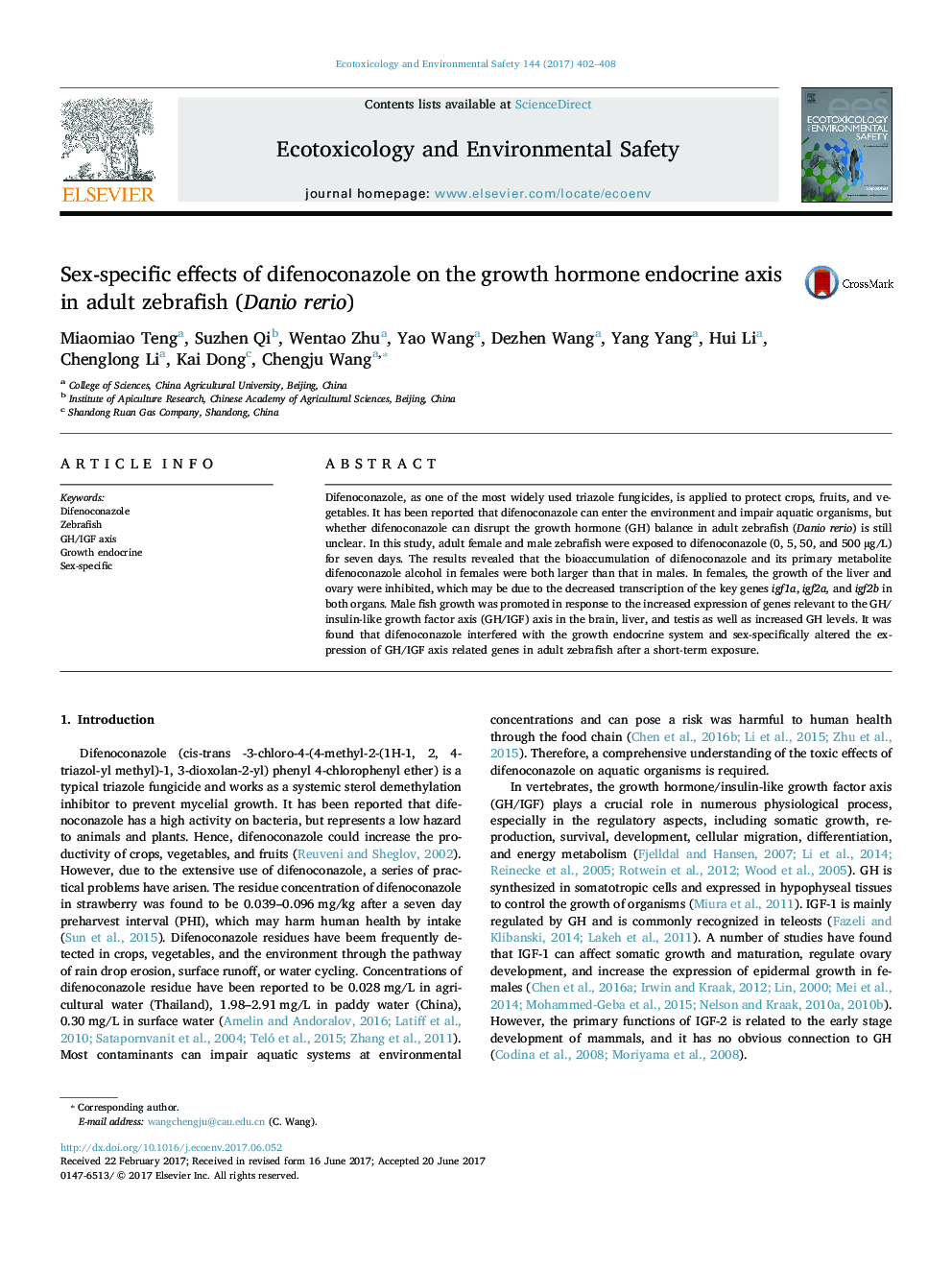 Sex-specific effects of difenoconazole on the growth hormone endocrine axis in adult zebrafish (Danio rerio)