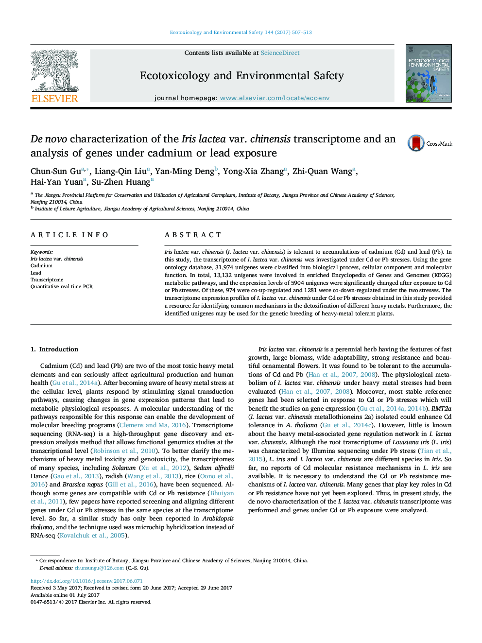 De novo characterization of the Iris lactea var. chinensis transcriptome and an analysis of genes under cadmium or lead exposure