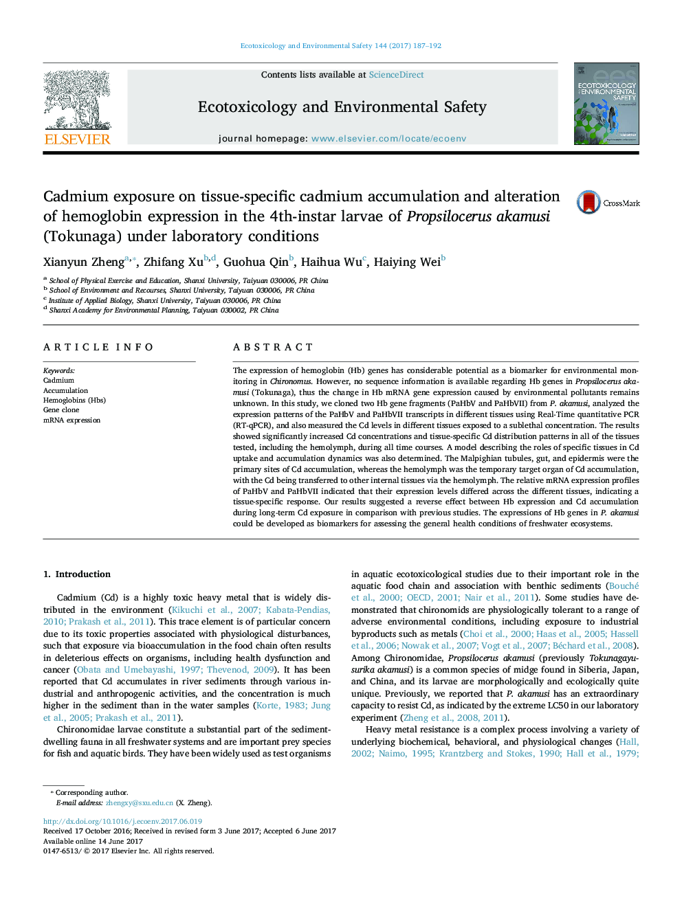 Cadmium exposure on tissue-specific cadmium accumulation and alteration of hemoglobin expression in the 4th-instar larvae of Propsilocerus akamusi (Tokunaga) under laboratory conditions