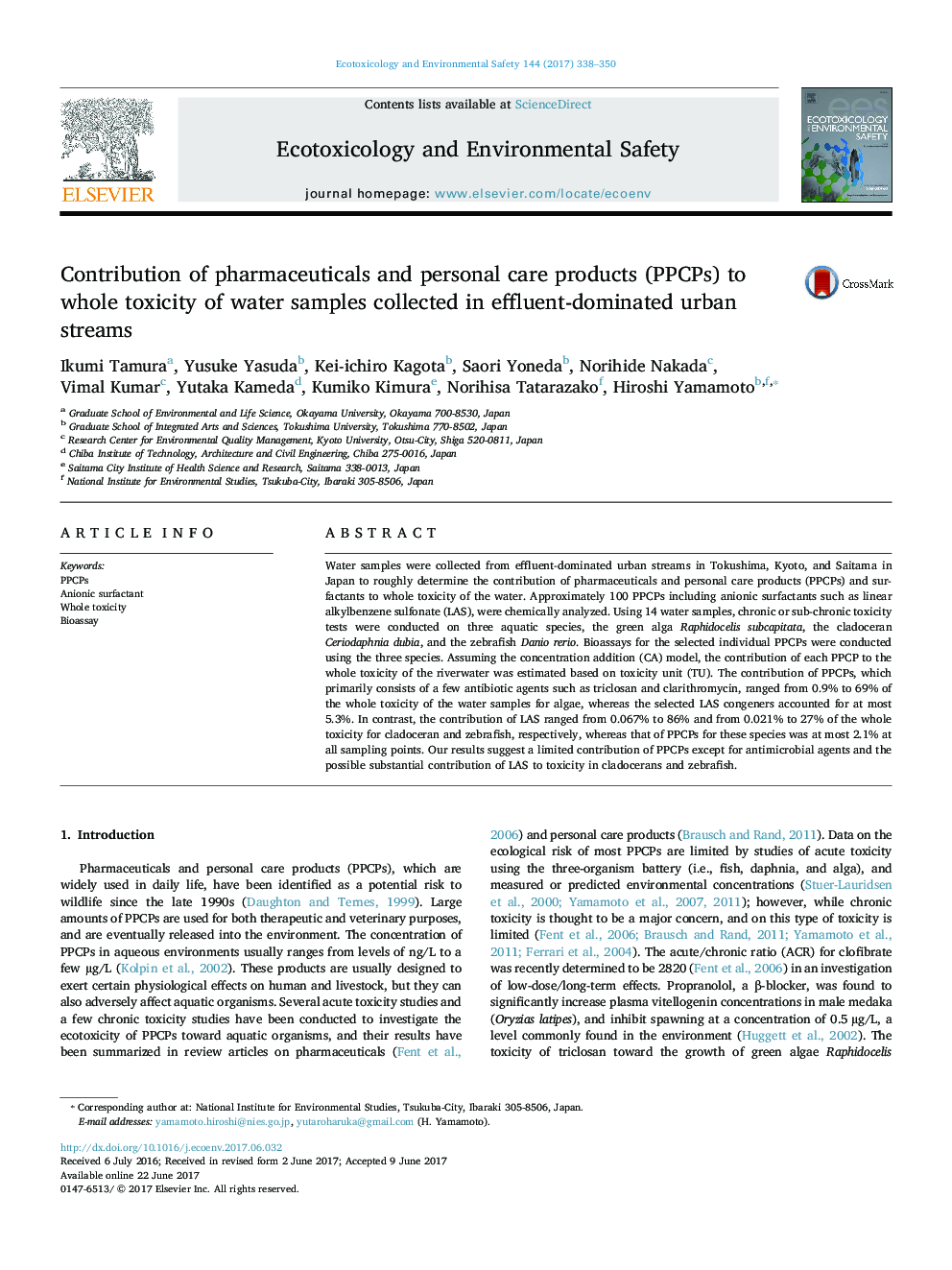 Contribution of pharmaceuticals and personal care products (PPCPs) to whole toxicity of water samples collected in effluent-dominated urban streams