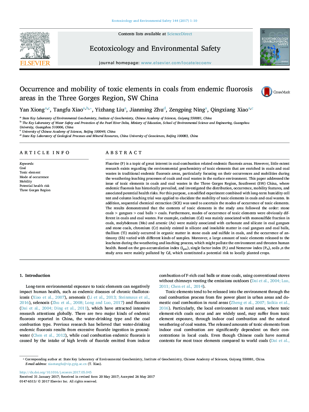 Occurrence and mobility of toxic elements in coals from endemic fluorosis areas in the Three Gorges Region, SW China