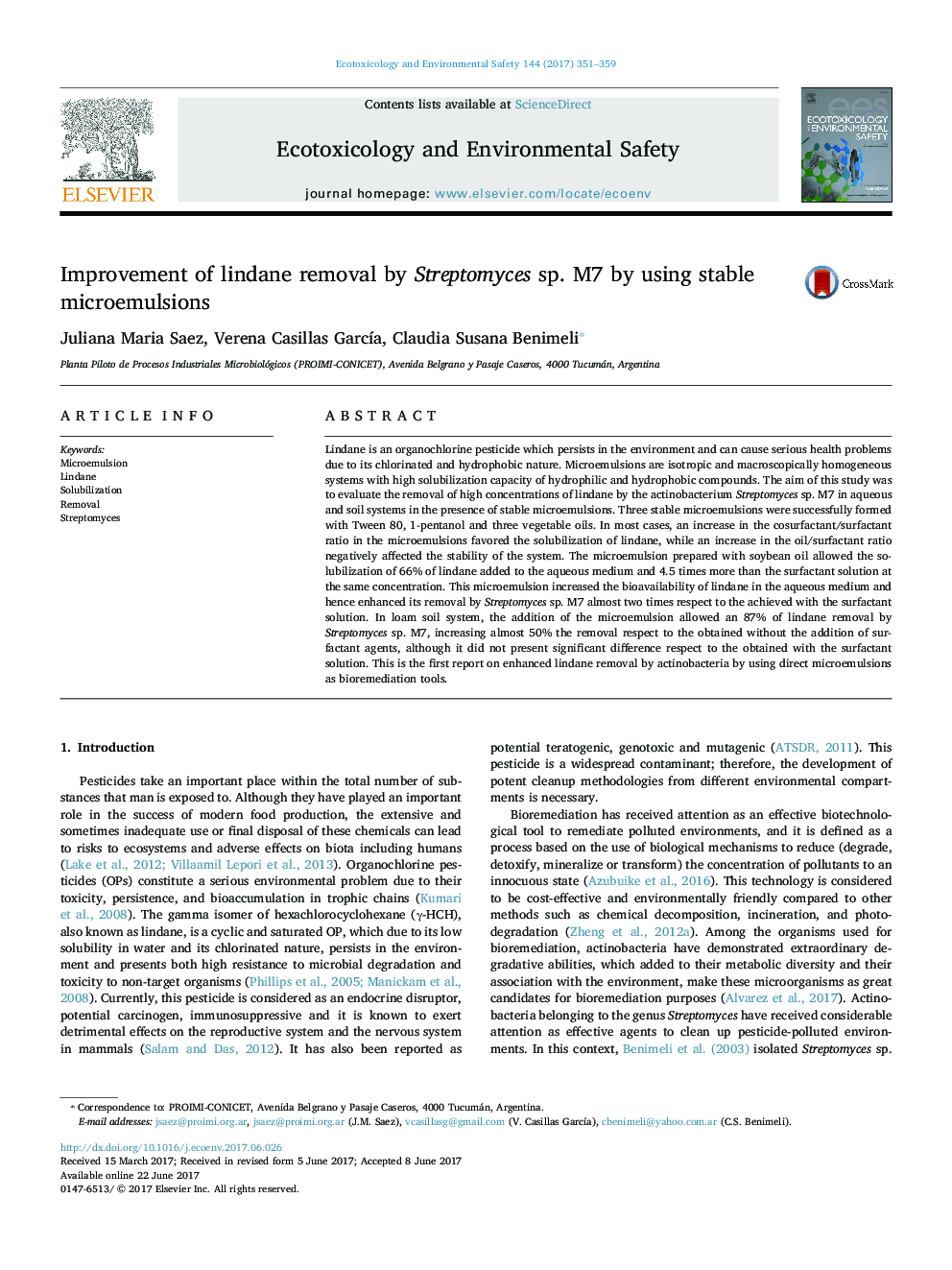 Improvement of lindane removal by Streptomyces sp. M7 by using stable microemulsions