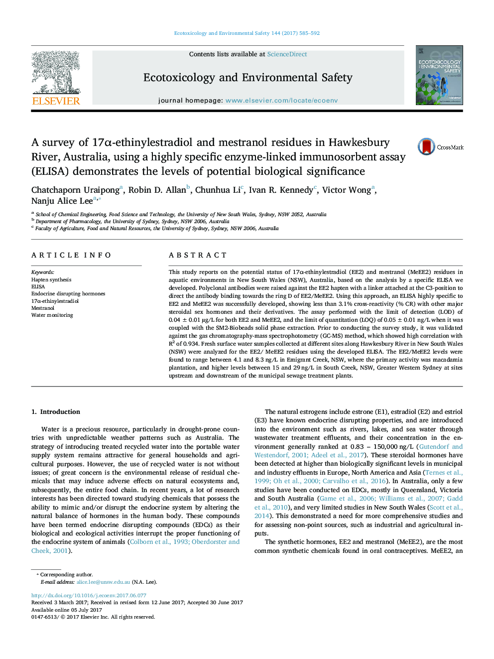 A survey of 17Î±-ethinylestradiol and mestranol residues in Hawkesbury River, Australia, using a highly specific enzyme-linked immunosorbent assay (ELISA) demonstrates the levels of potential biological significance