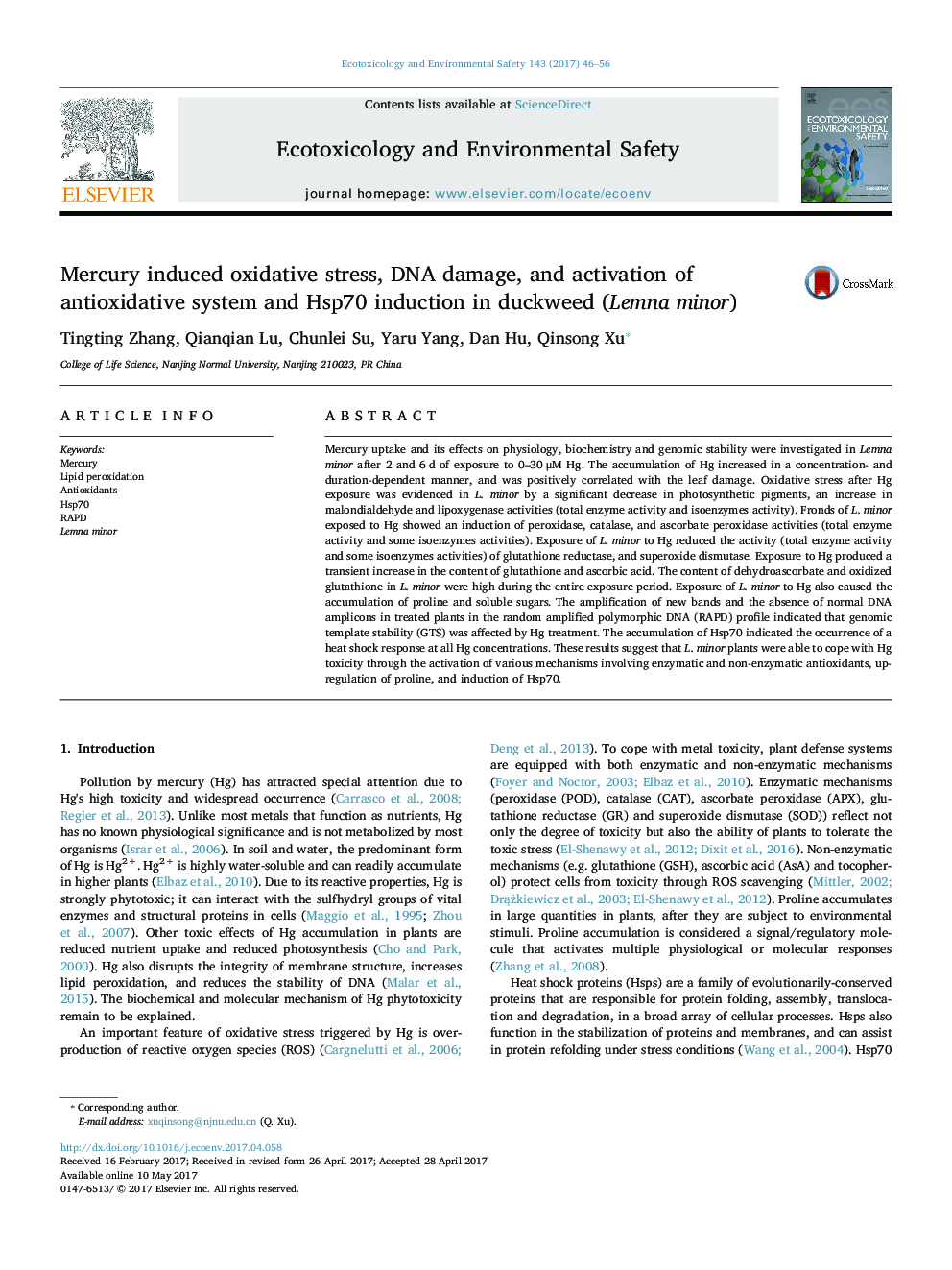 Mercury induced oxidative stress, DNA damage, and activation of antioxidative system and Hsp70 induction in duckweed (Lemna minor)