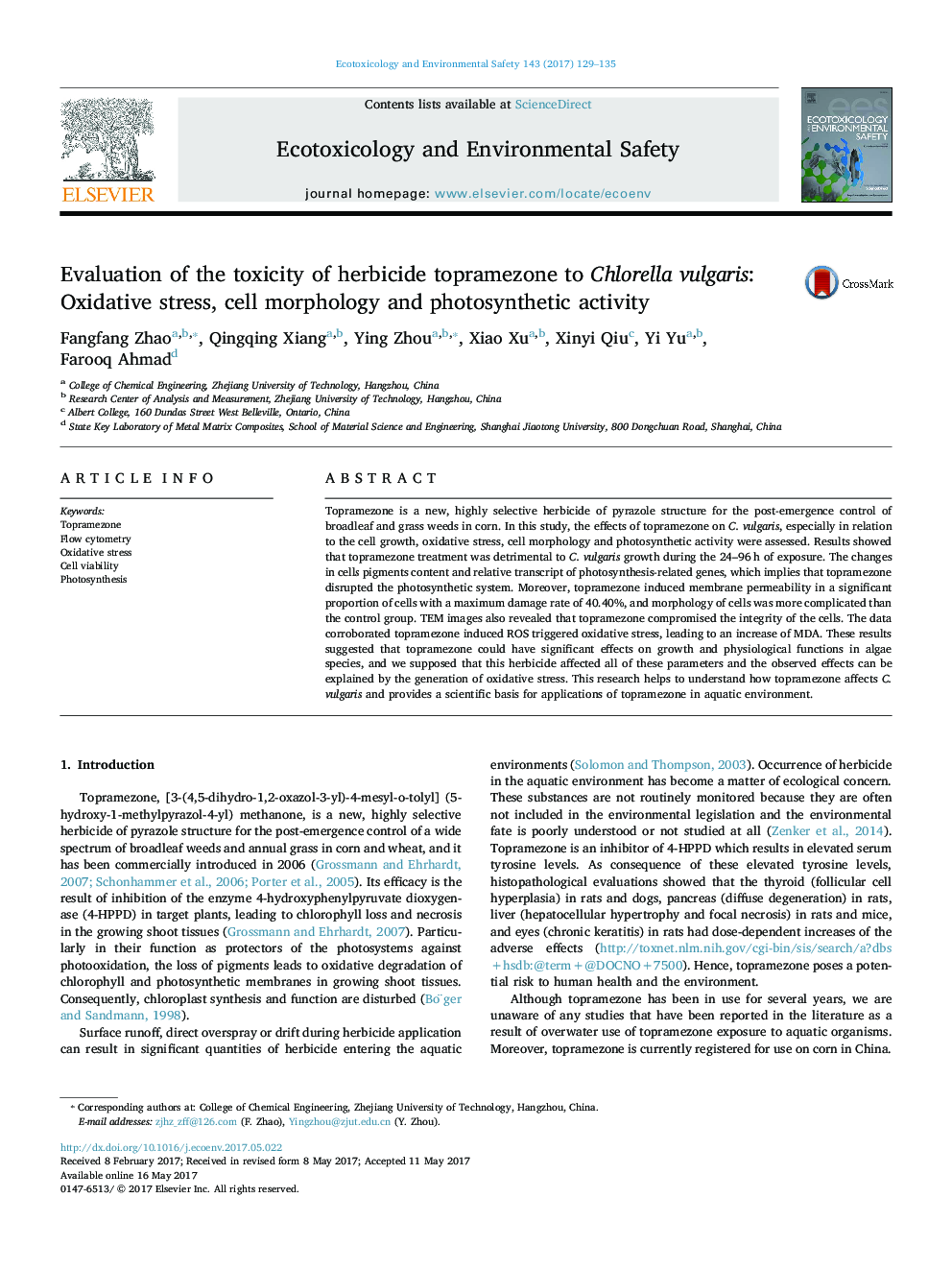 Evaluation of the toxicity of herbicide topramezone to Chlorella vulgaris: Oxidative stress, cell morphology and photosynthetic activity