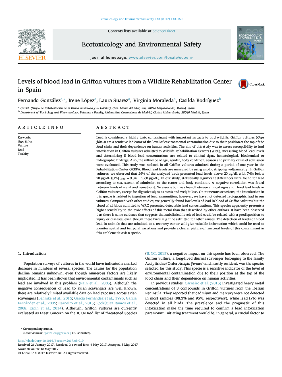 Levels of blood lead in Griffon vultures from a Wildlife Rehabilitation Center in Spain