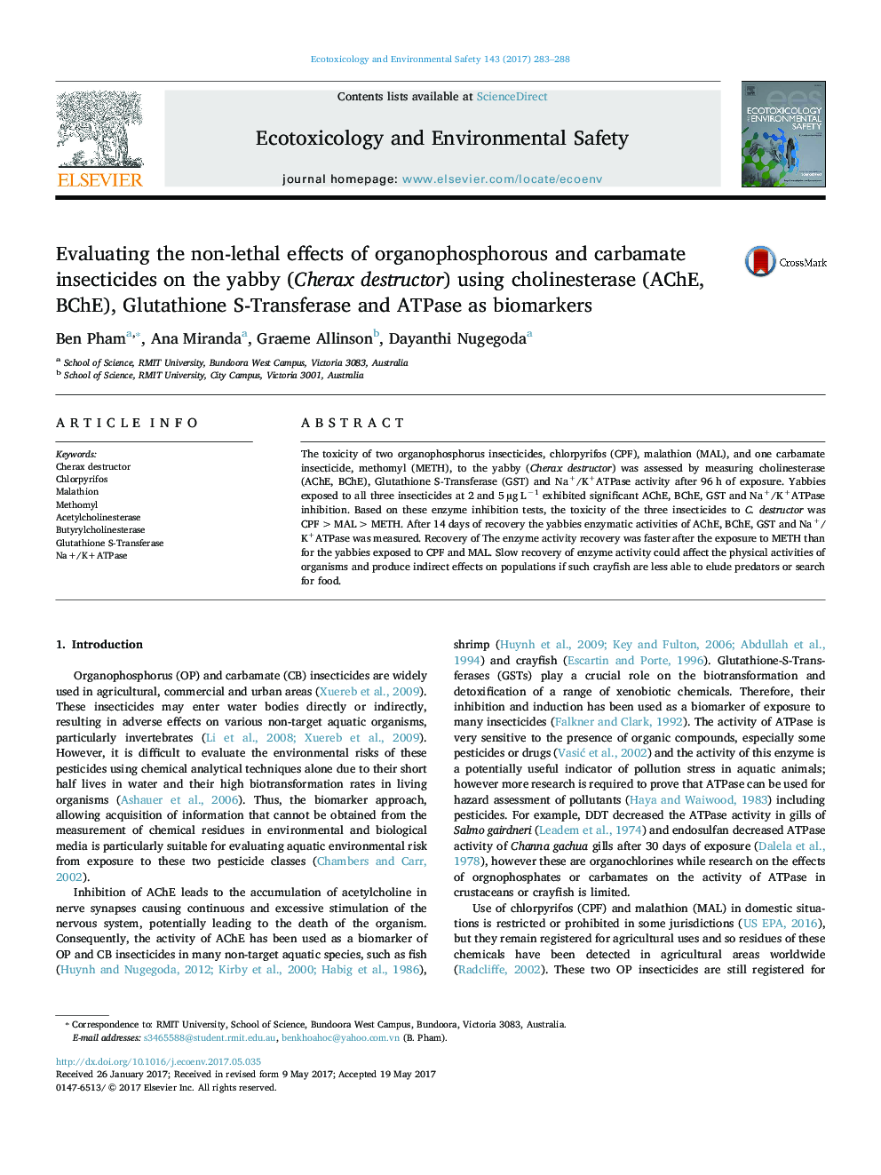 Evaluating the non-lethal effects of organophosphorous and carbamate insecticides on the yabby (Cherax destructor) using cholinesterase (AChE, BChE), Glutathione S-Transferase and ATPase as biomarkers