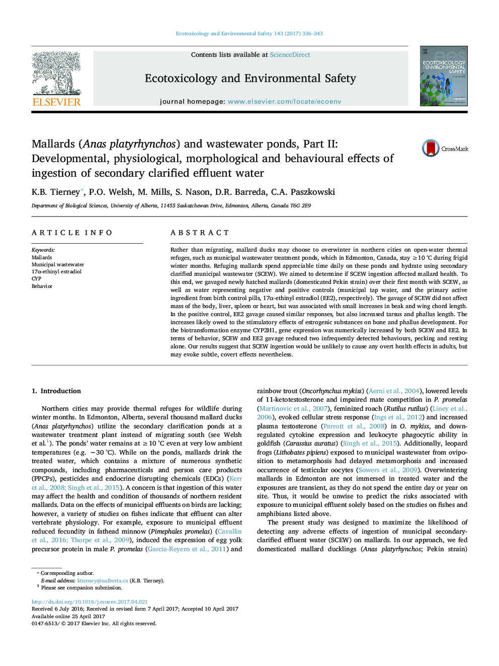 Mallards (Anas platyrhynchos) and wastewater ponds, Part II: Developmental, physiological, morphological and behavioural effects of ingestion of secondary clarified effluent water