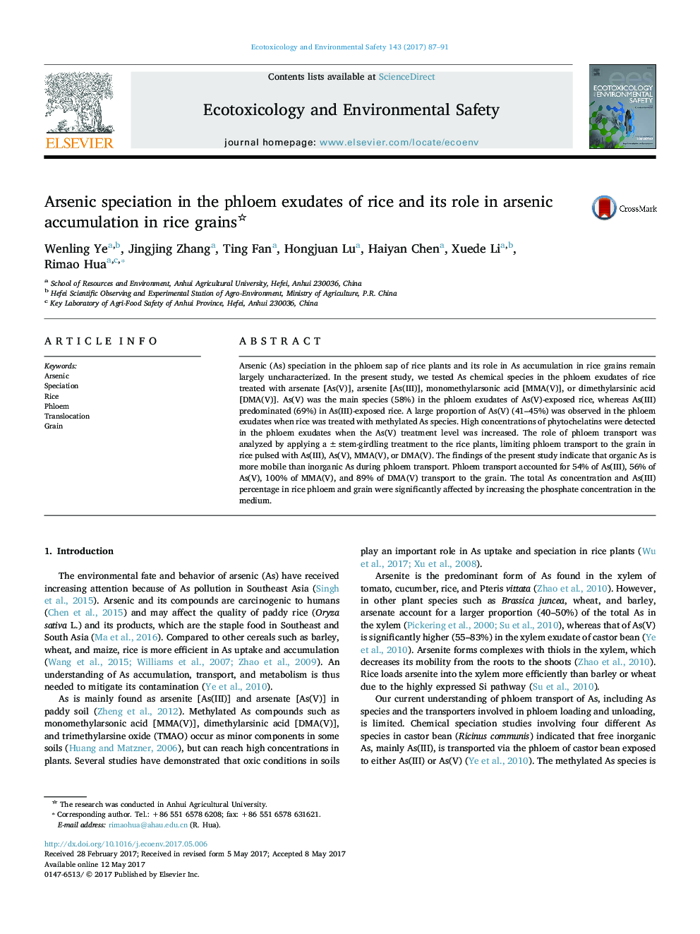 Arsenic speciation in the phloem exudates of rice and its role in arsenic accumulation in rice grains