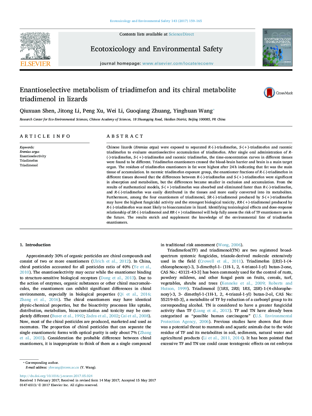 Enantioselective metabolism of triadimefon and its chiral metabolite triadimenol in lizards