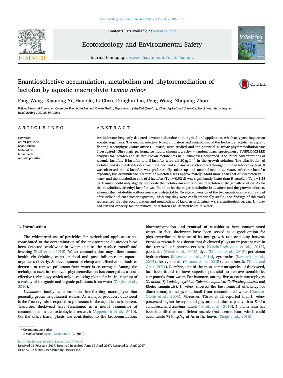 Enantioselective accumulation, metabolism and phytoremediation of lactofen by aquatic macrophyte Lemna minor