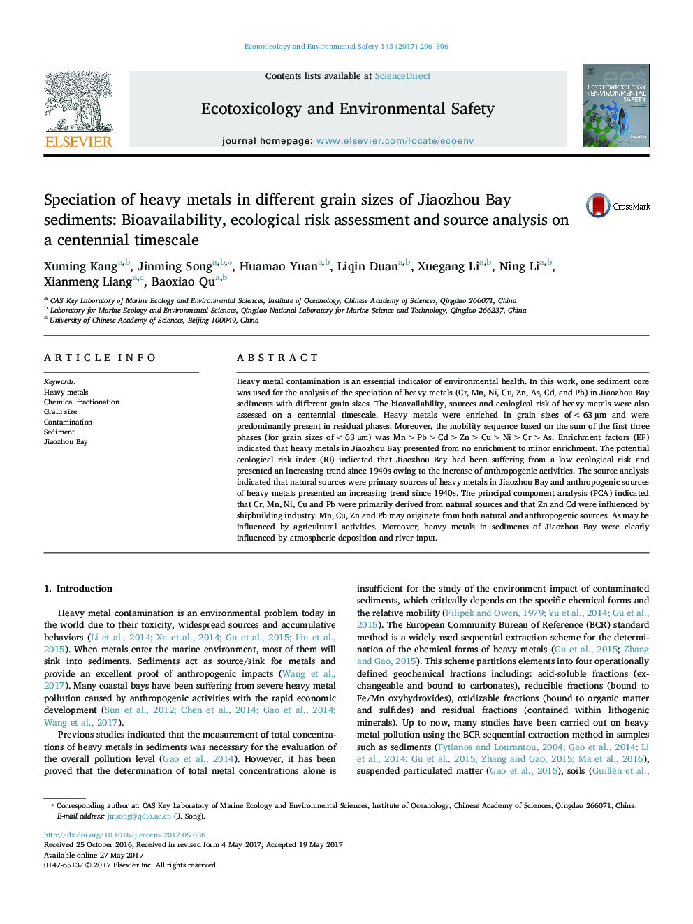 Speciation of heavy metals in different grain sizes of Jiaozhou Bay sediments: Bioavailability, ecological risk assessment and source analysis on a centennial timescale