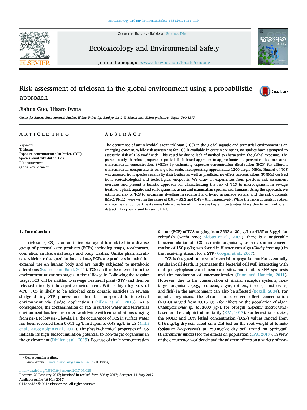 Risk assessment of triclosan in the global environment using a probabilistic approach