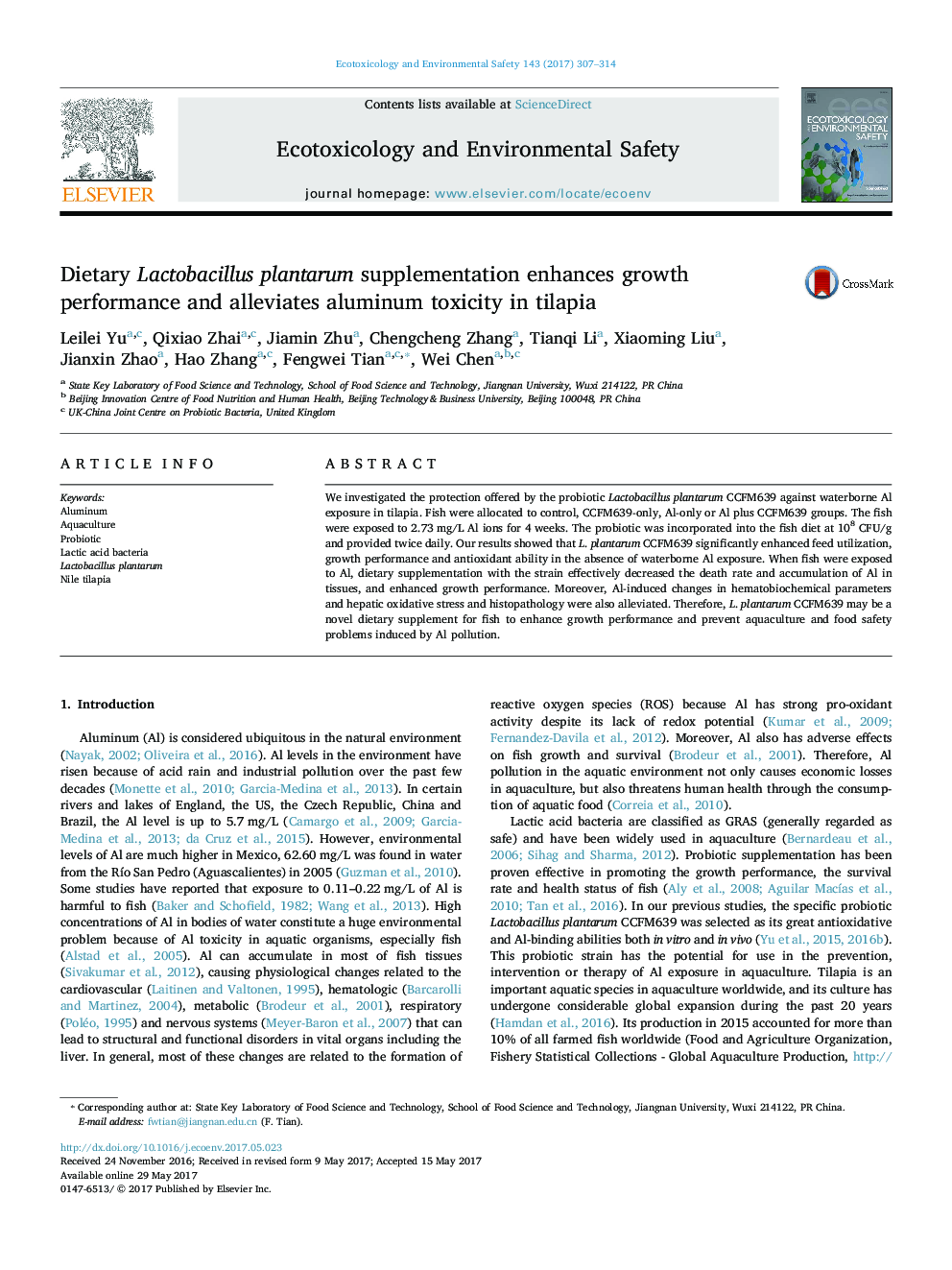 Dietary Lactobacillus plantarum supplementation enhances growth performance and alleviates aluminum toxicity in tilapia