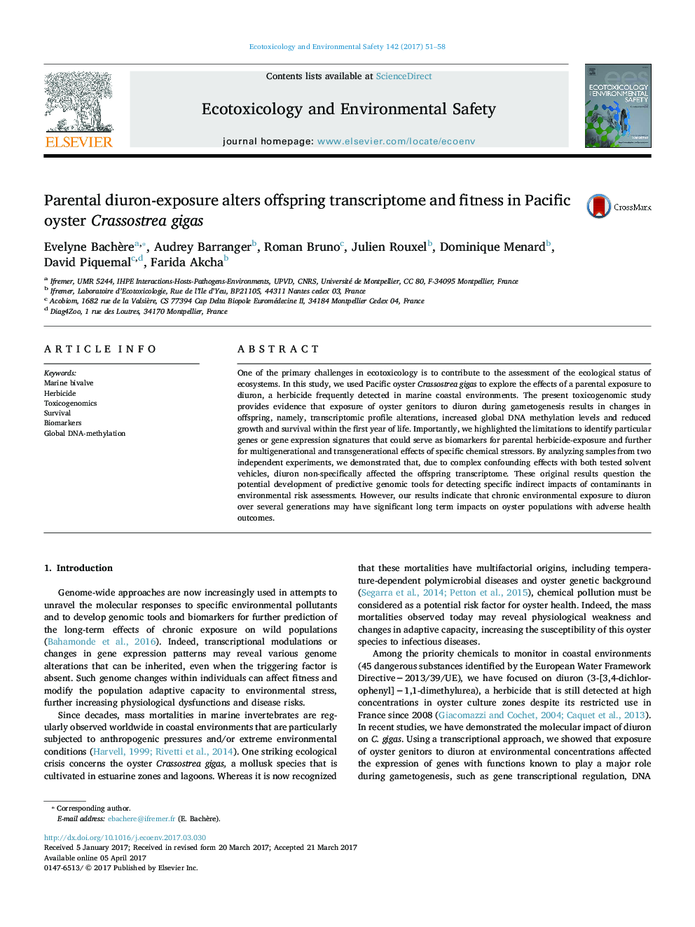 Parental diuron-exposure alters offspring transcriptome and fitness in Pacific oyster Crassostrea gigas