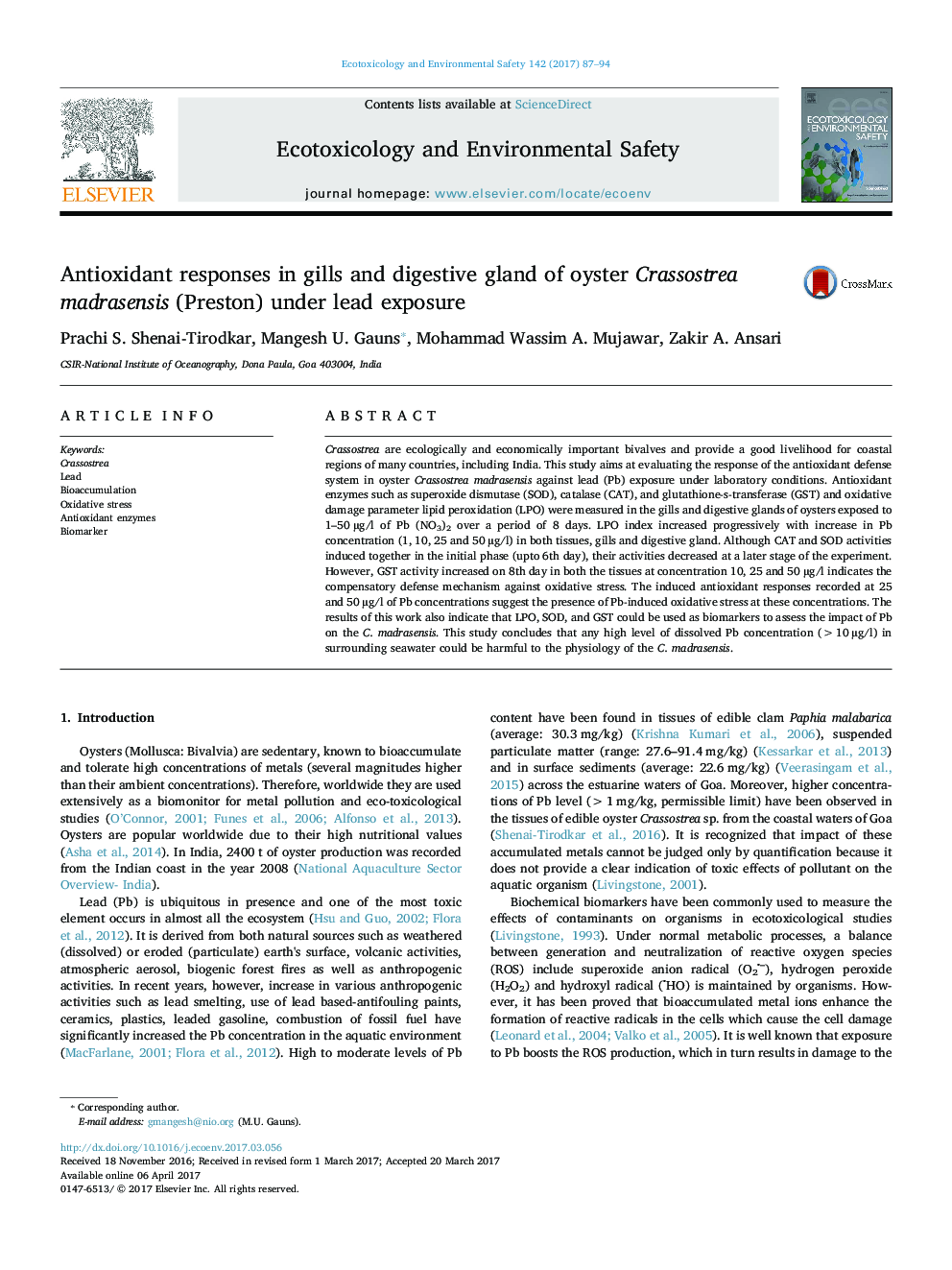 Antioxidant responses in gills and digestive gland of oyster Crassostrea madrasensis (Preston) under lead exposure