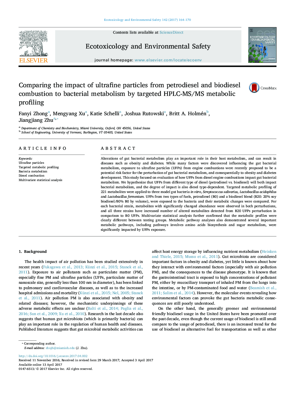 عکس صفحه اول مقاله: Comparing the impact of ultrafine particles from petrodiesel and biodiesel combustion to bacterial metabolism by targeted HPLC-MS/MS metabolic profiling Comparing the impact of ultrafine particles from petrodiesel and biodiesel combustion to bacterial metabolism by targeted HPLC-MS/MS metabolic profiling