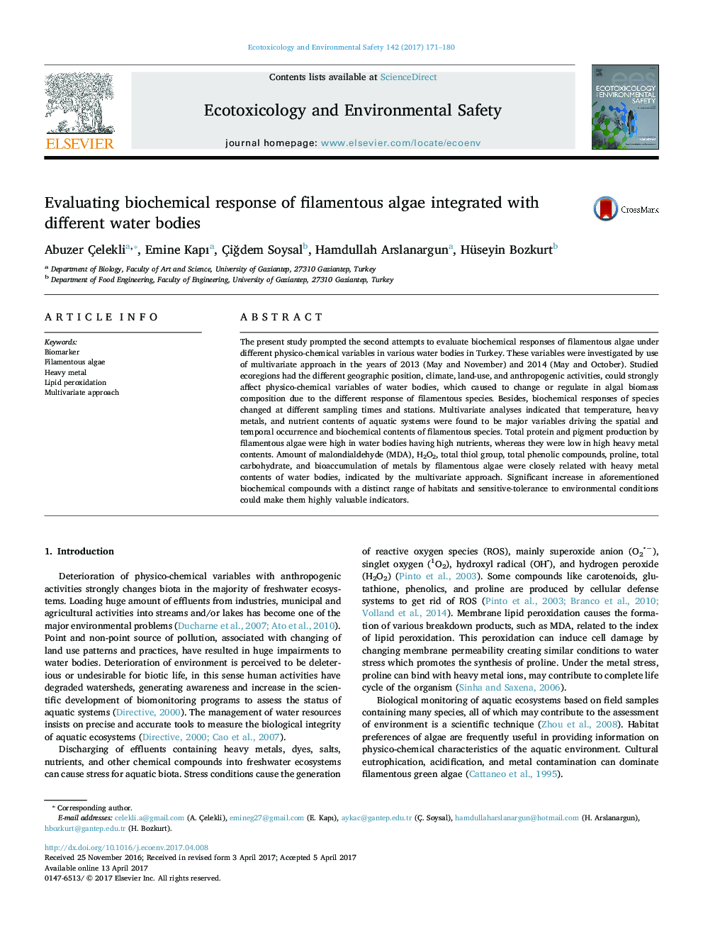 Evaluating biochemical response of filamentous algae integrated with different water bodies