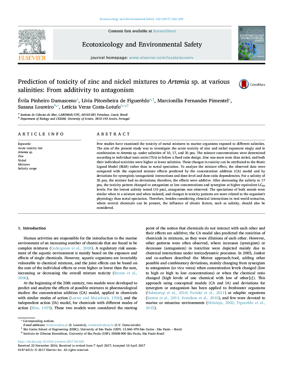 Prediction of toxicity of zinc and nickel mixtures to Artemia sp. at various salinities: From additivity to antagonism
