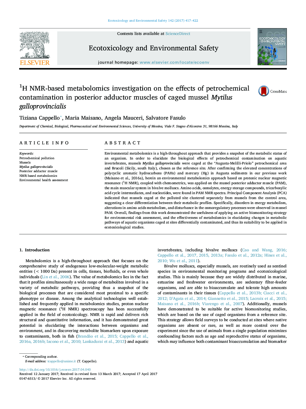 1H NMR-based metabolomics investigation on the effects of petrochemical contamination in posterior adductor muscles of caged mussel Mytilus galloprovincialis