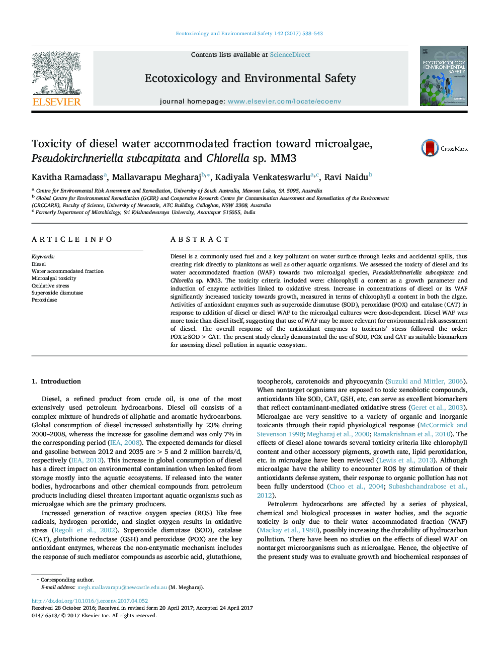 Toxicity of diesel water accommodated fraction toward microalgae, Pseudokirchneriella subcapitata and Chlorella sp. MM3