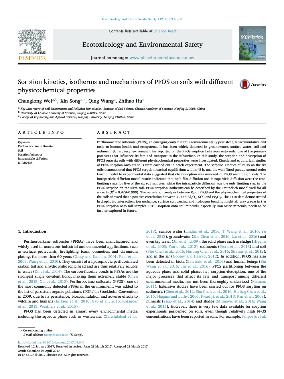 Sorption kinetics, isotherms and mechanisms of PFOS on soils with different physicochemical properties