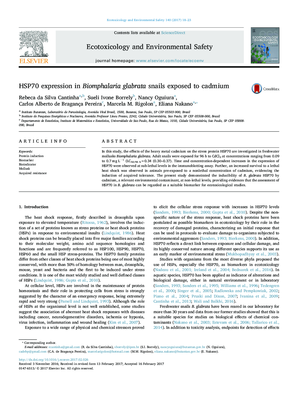 HSP70 expression in Biomphalaria glabrata snails exposed to cadmium