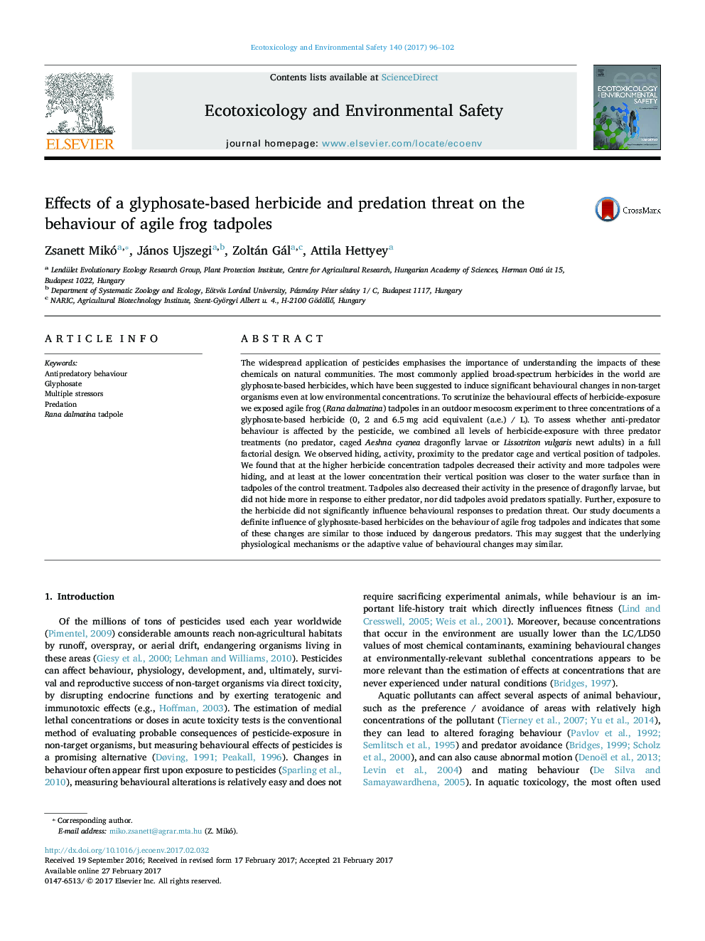 Effects of a glyphosate-based herbicide and predation threat on the behaviour of agile frog tadpoles