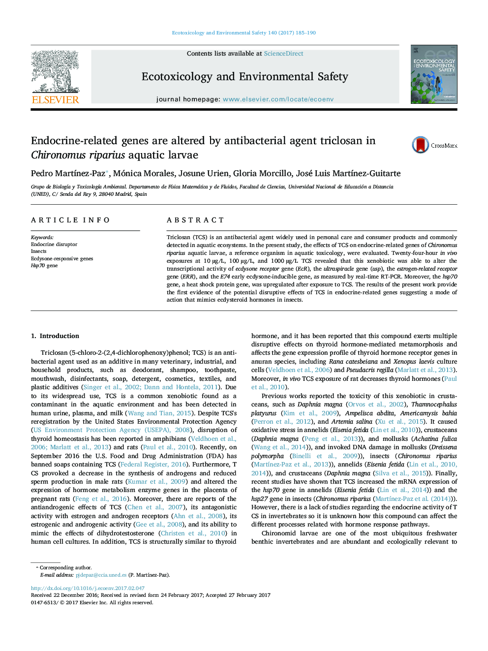 Endocrine-related genes are altered by antibacterial agent triclosan in Chironomus riparius aquatic larvae