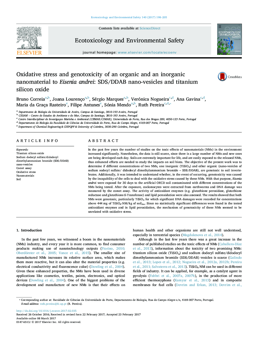 Oxidative stress and genotoxicity of an organic and an inorganic nanomaterial to Eisenia andrei: SDS/DDAB nano-vesicles and titanium silicon oxide