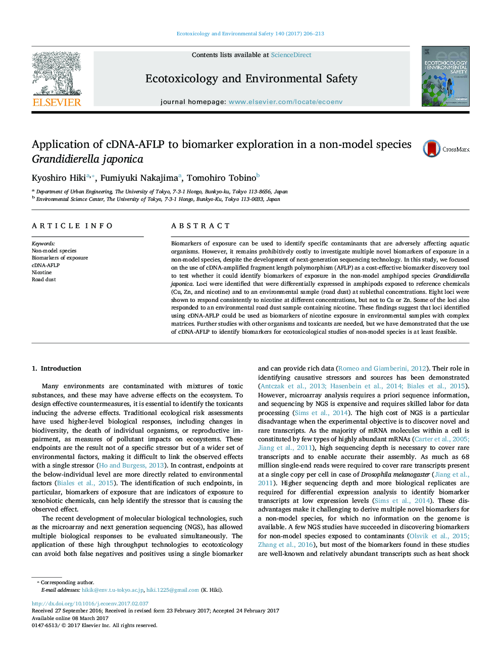 Application of cDNA-AFLP to biomarker exploration in a non-model species Grandidierella japonica
