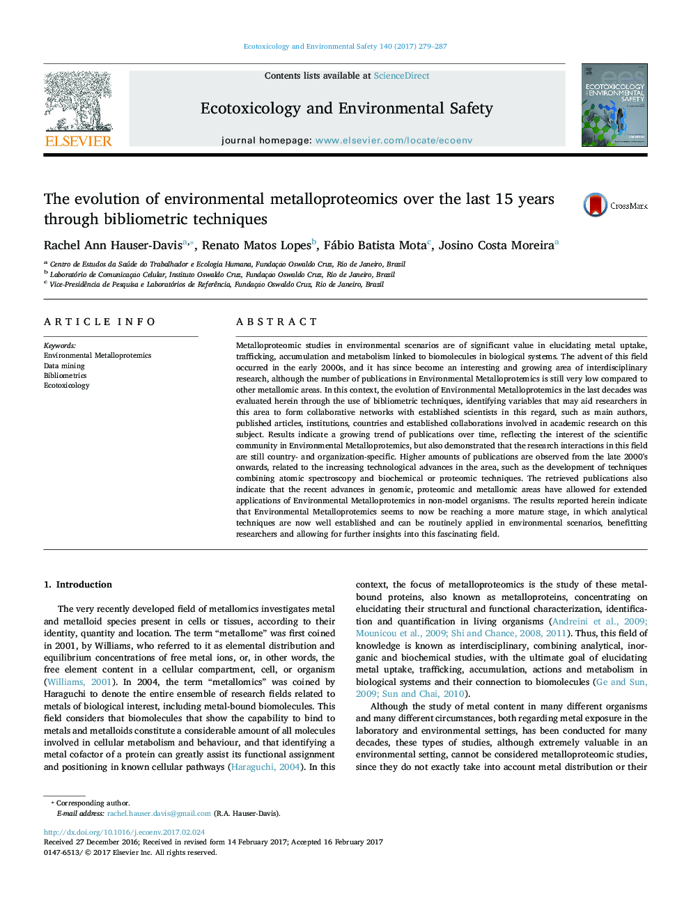 The evolution of environmental metalloproteomics over the last 15 years through bibliometric techniques