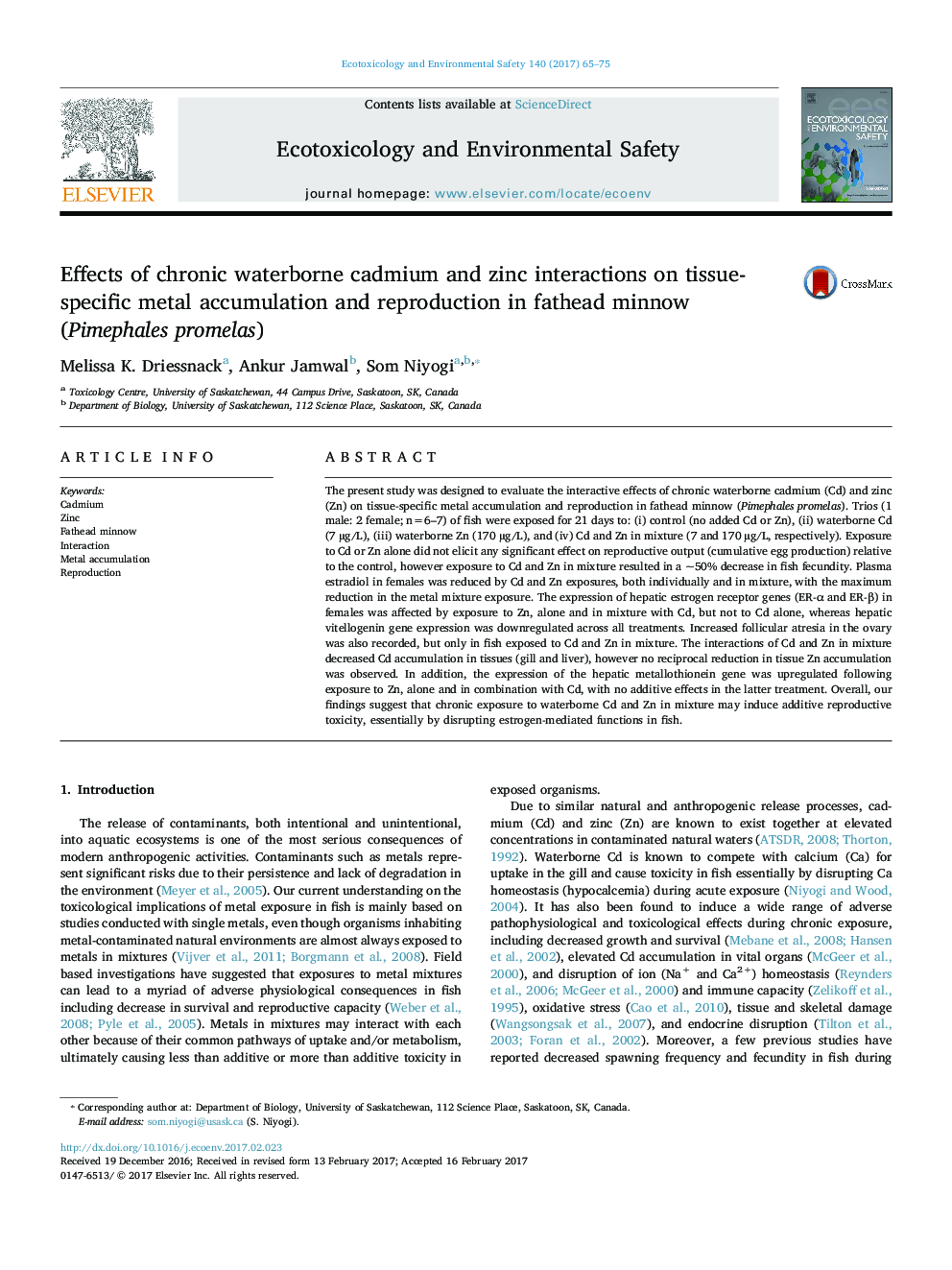 Effects of chronic waterborne cadmium and zinc interactions on tissue-specific metal accumulation and reproduction in fathead minnow (Pimephales promelas)