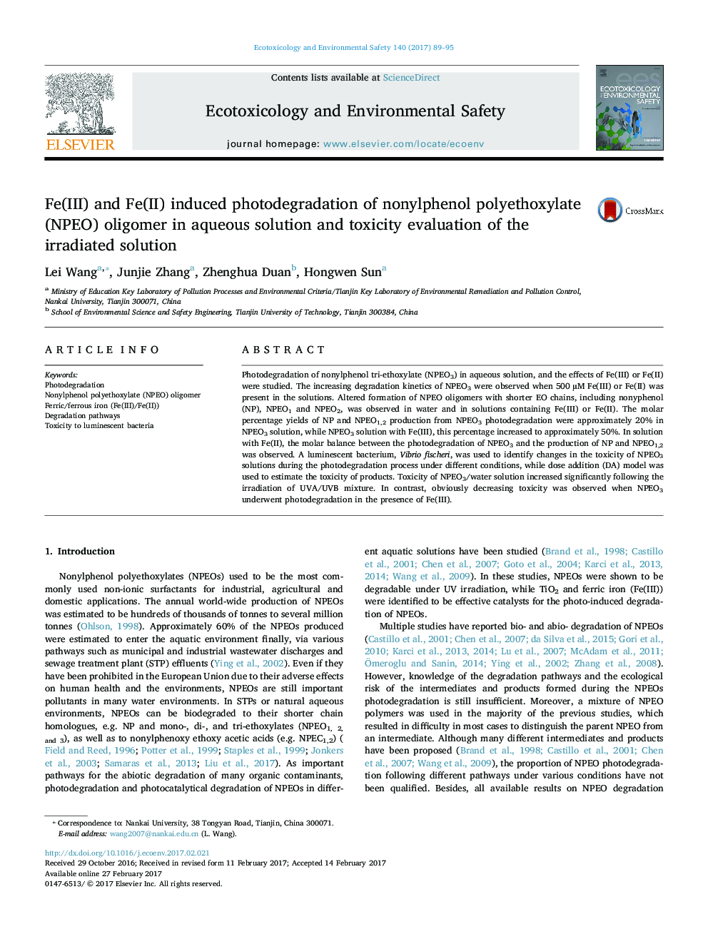 Fe(III) and Fe(II) induced photodegradation of nonylphenol polyethoxylate (NPEO) oligomer in aqueous solution and toxicity evaluation of the irradiated solution