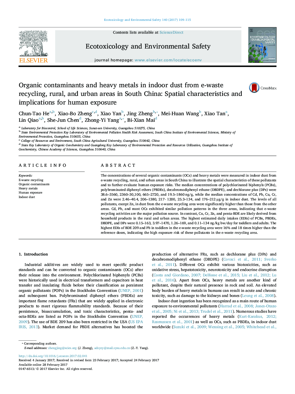 Organic contaminants and heavy metals in indoor dust from e-waste recycling, rural, and urban areas in South China: Spatial characteristics and implications for human exposure