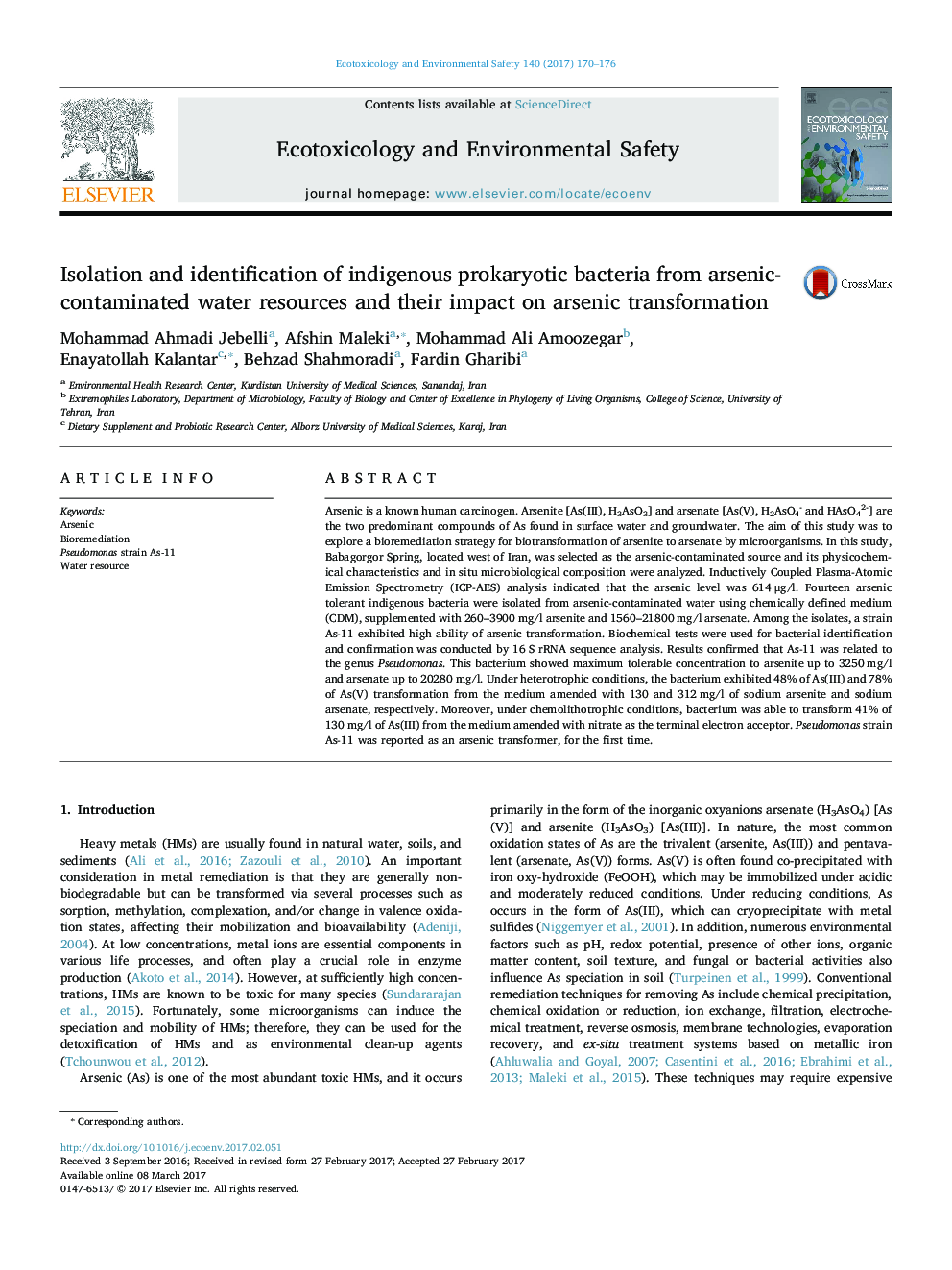 Isolation and identification of indigenous prokaryotic bacteria from arsenic-contaminated water resources and their impact on arsenic transformation